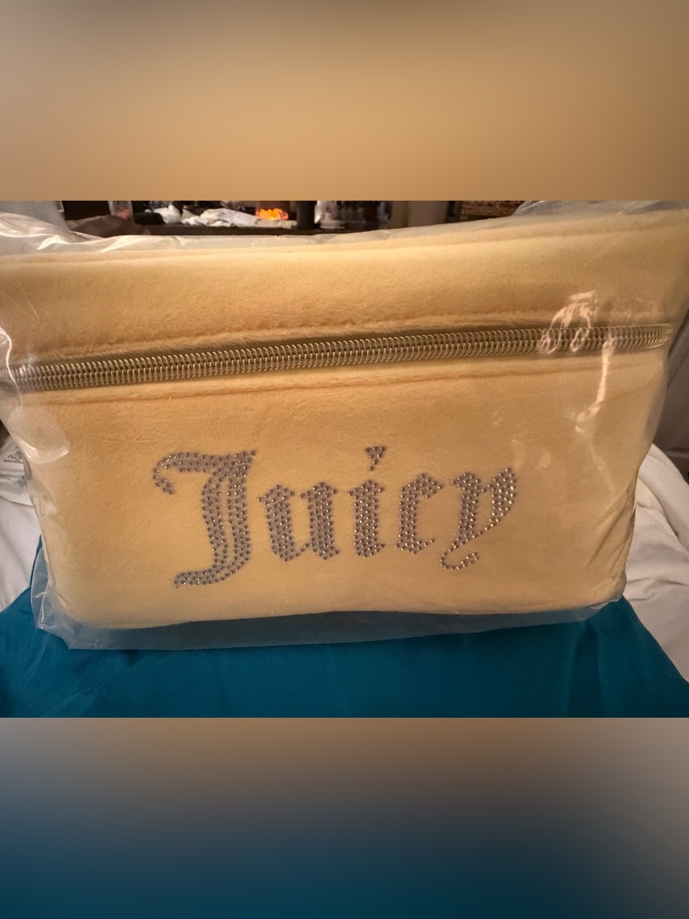 Juicy Couture Yellow Velour Cosmetic Bag with Rhinestone Logo